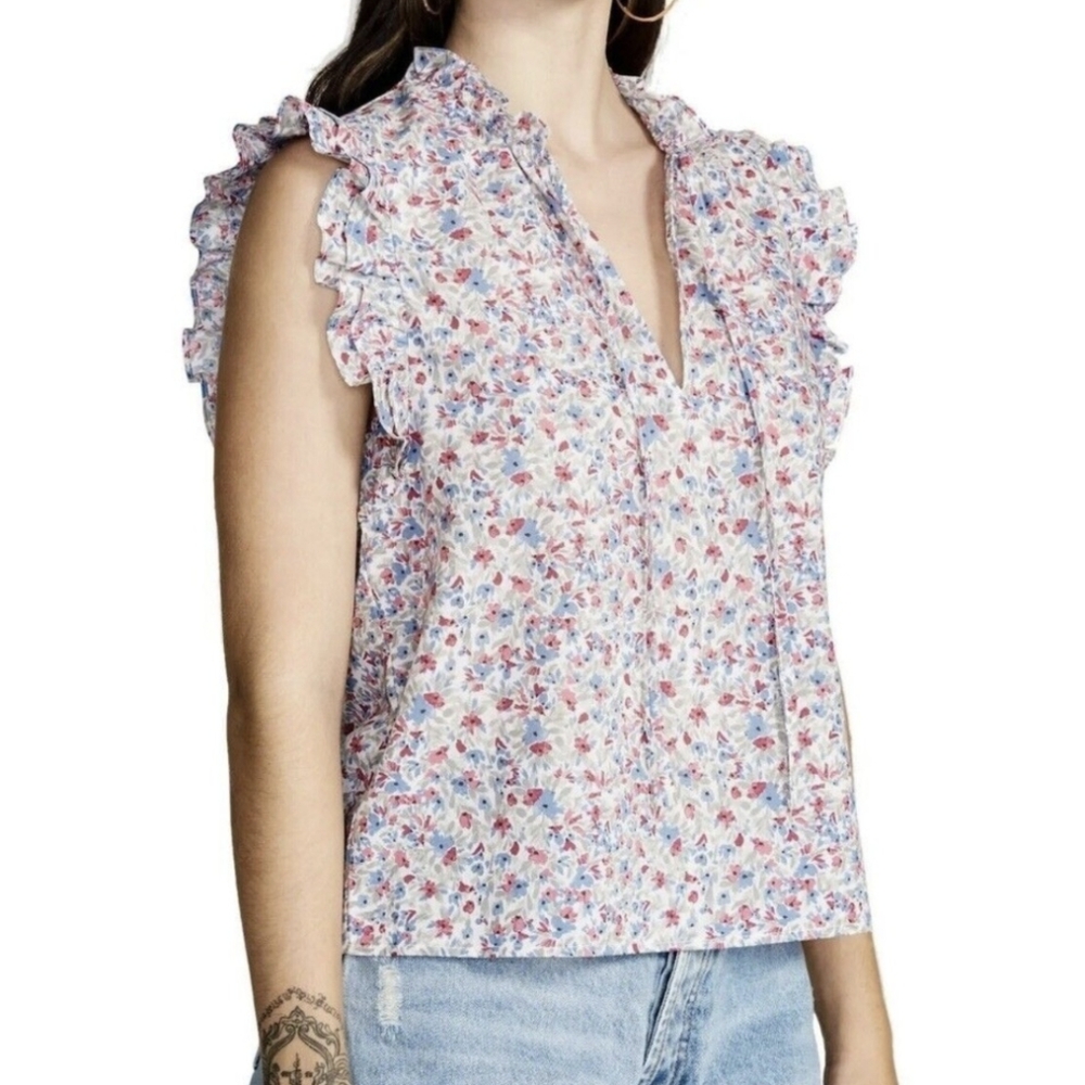 BB Dakota Ruffled Top Flutter Sleeve Ditsy Floral Tie V-Neck Cottagecore L NWT
